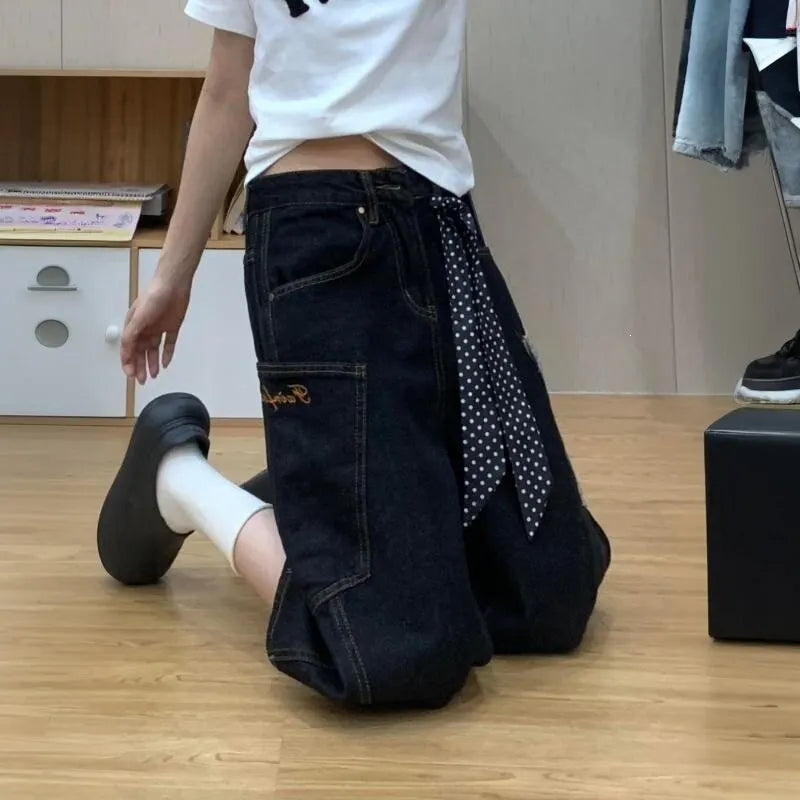High Waist Solid Color Wide Leg Cropped Jeans With Decorative Ribbon