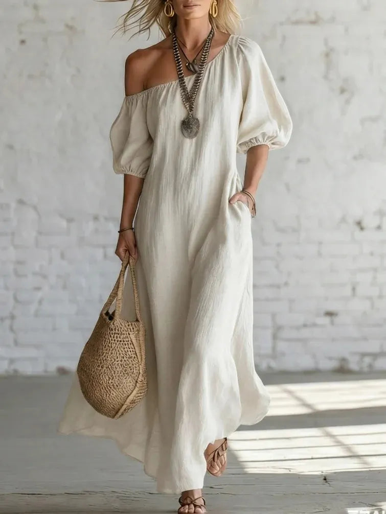 Solid Color Off Shoulder Puff Sleeve Pleated Midi Puffy Shirt Dress