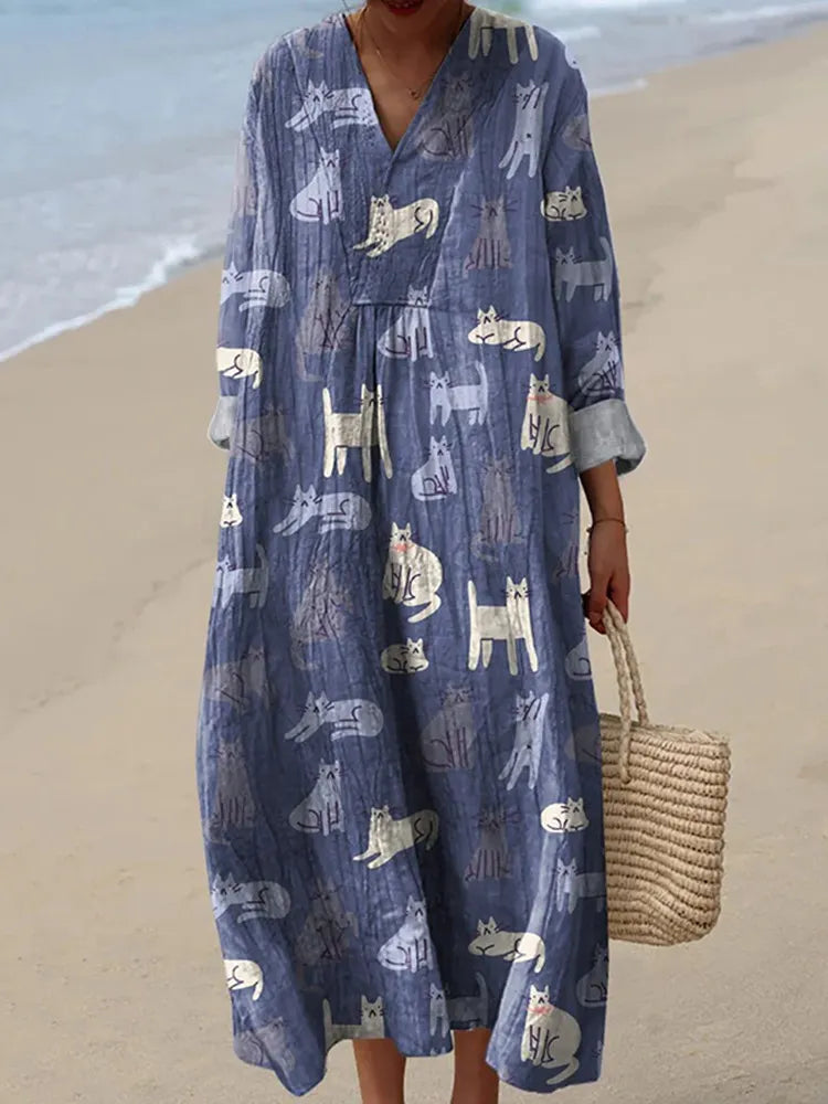 V‑Neck Floral Bird Print Mori Style Long Dress