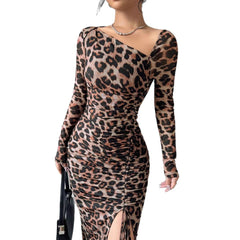 Leopard Print Mesh Midi Dress