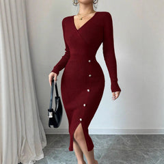 V‑Neck Button Slit Long Sleeve Knit Midi Dress