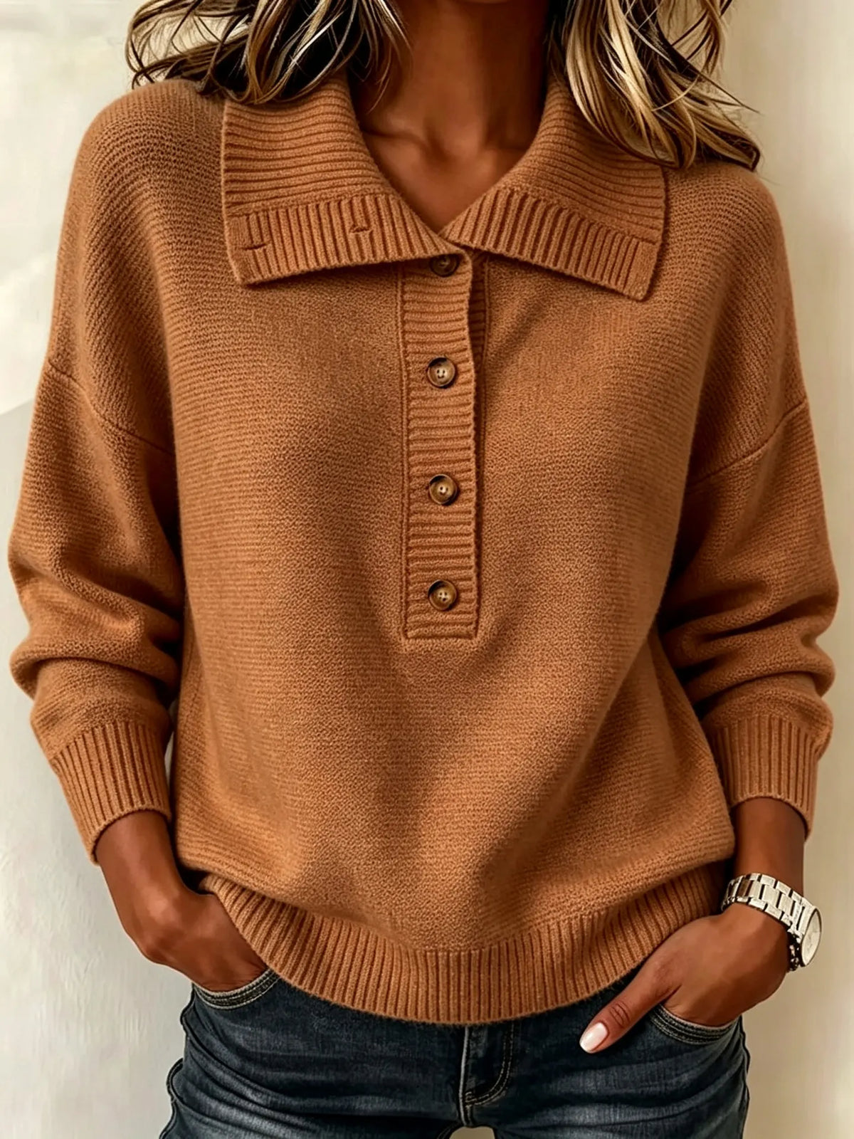 Burgundy Collared Henley Knit Sweater Button Front Long Sleeve Loose Pullover