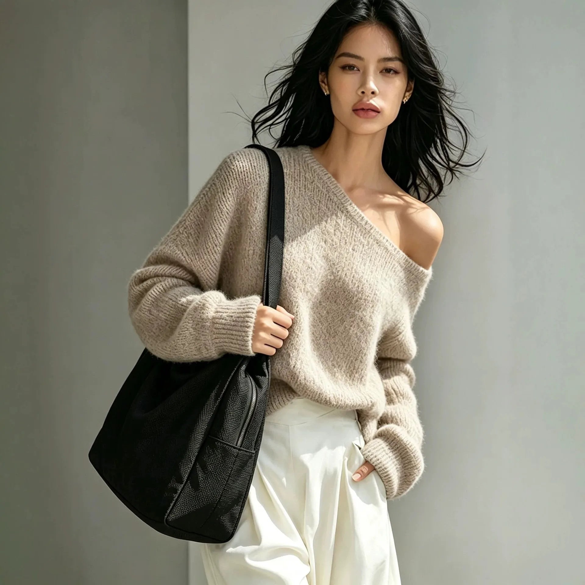 Casual Grey Off Shoulder Oversized Knit Top Loose Long Sleeve Pullover Sweater Fall Fashion
