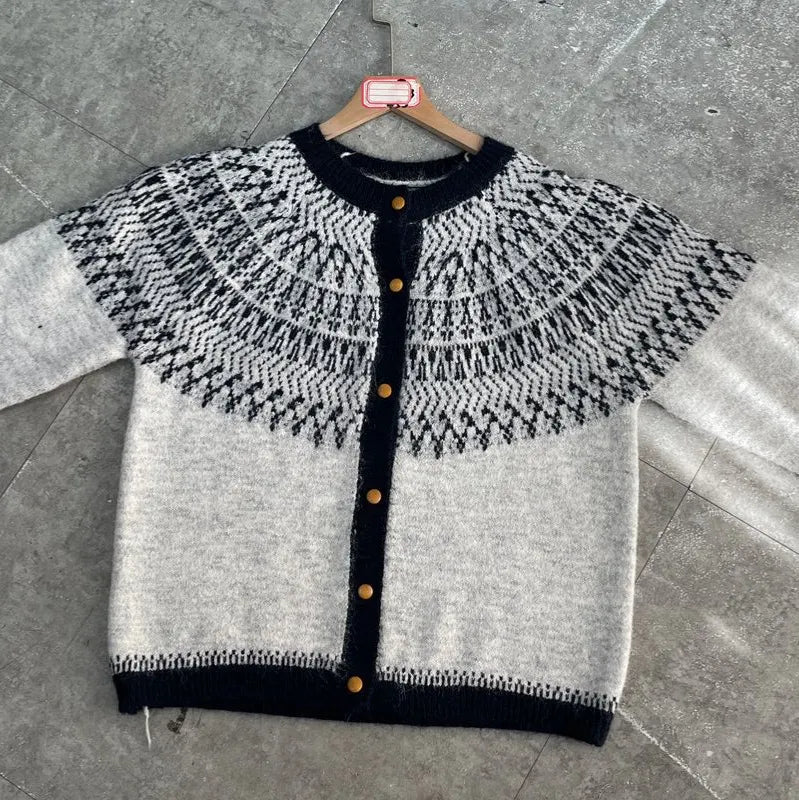 Nordic Geometric Pattern Knit Cardigan Round Neck Button Front Cozy Long Sleeve Sweater for Women