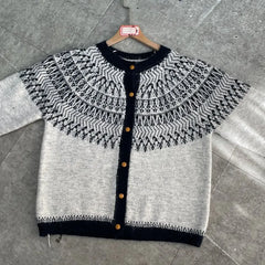 Nordic Geometric Pattern Knit Cardigan Round Neck Button Front Cozy Long Sleeve Sweater for Women