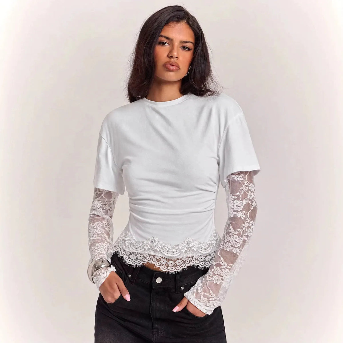 White Ruched T-Shirt with Attached Floral Lace Long Sleeves | Scalloped Lace Hem Mock Layered Crop Top