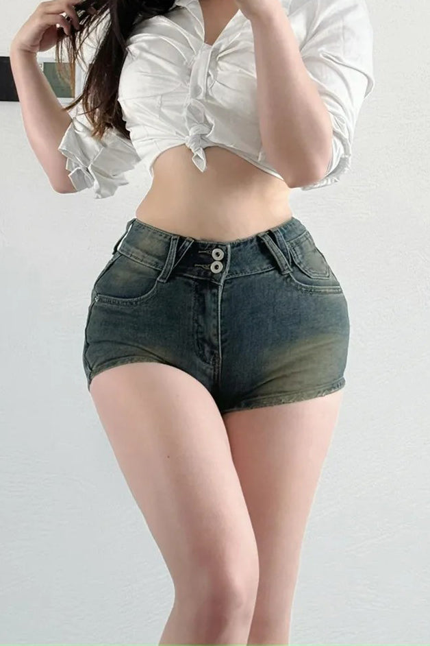 Retro Mid Waist Zip Denim Shorts