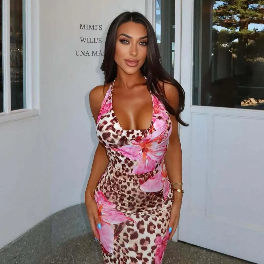 Leopard & Floral Print Halter Neck Bodycon Maxi Dress