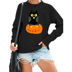 Halloween Owl Pumpkin Print Crew Neck Sweatshirt