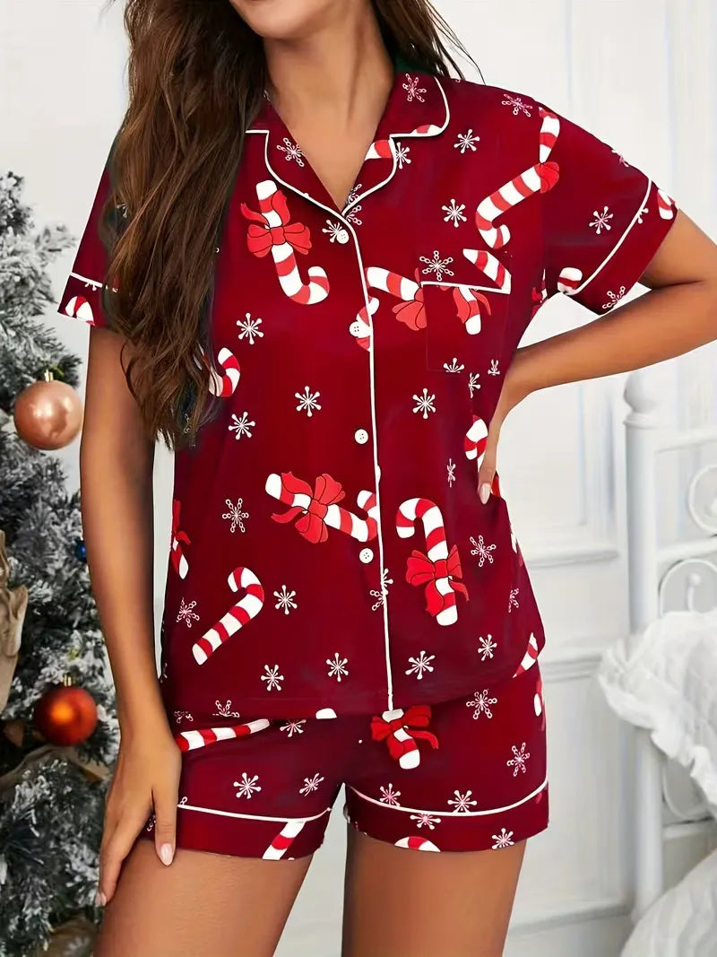Ladies Plus Size Friendly Satin Pajama Set Cute Panda Heart Pattern Short Sleeve Top & Elastic Shorts Nightwear