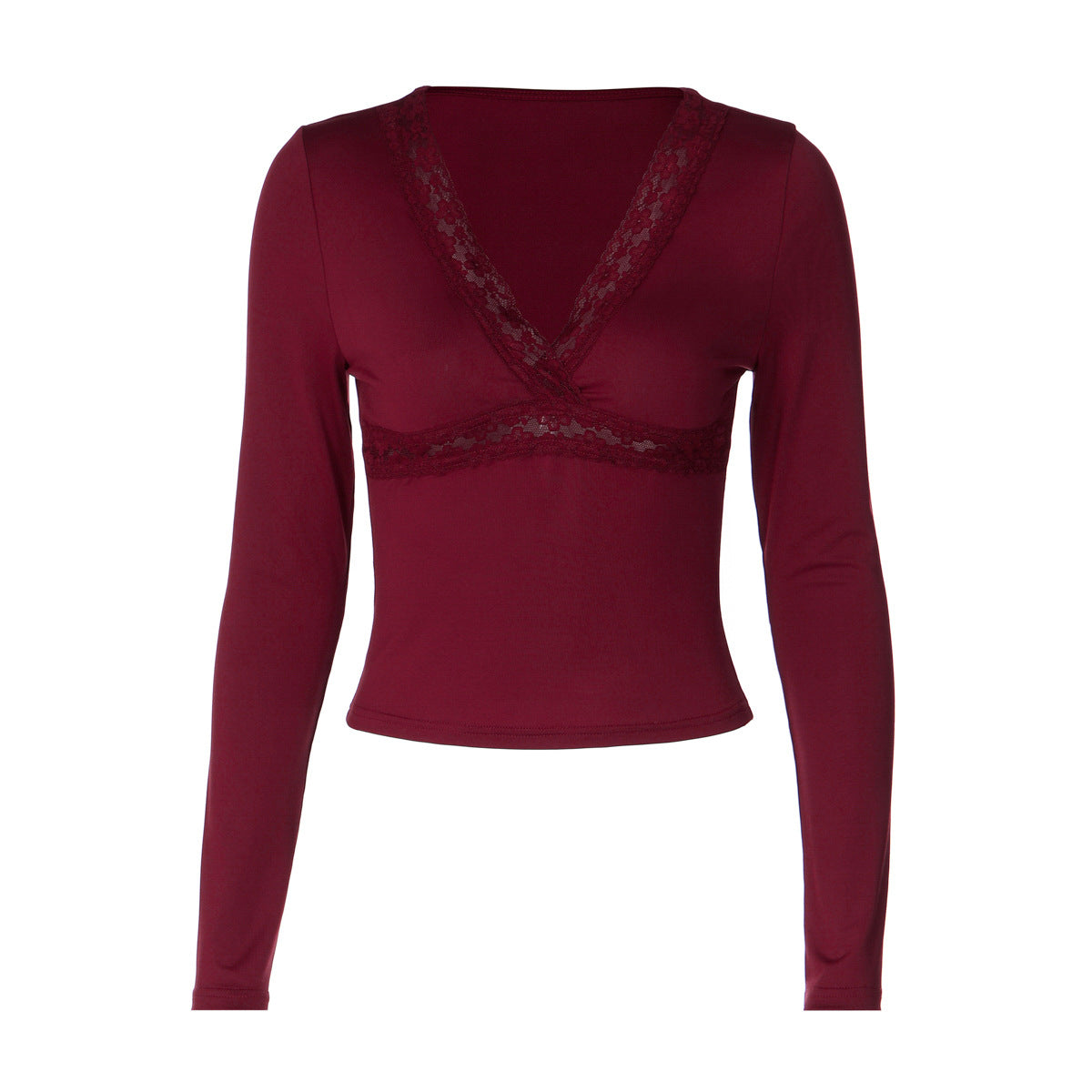 Lace Detail V-Neck Wrap Crop Top, Long Sleeve Slim Fitted Wine Red Going Out Top