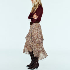 Paisley Print Ruffled Midi Skirt