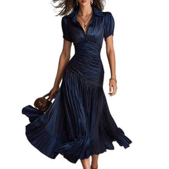 Lapel High Waist Pull Pleat A-Line Satin Midi Dress