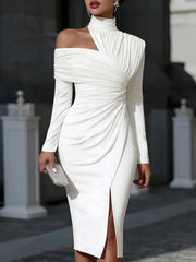 One Shoulder High Neck Ruched Bodycon Midi Dress
