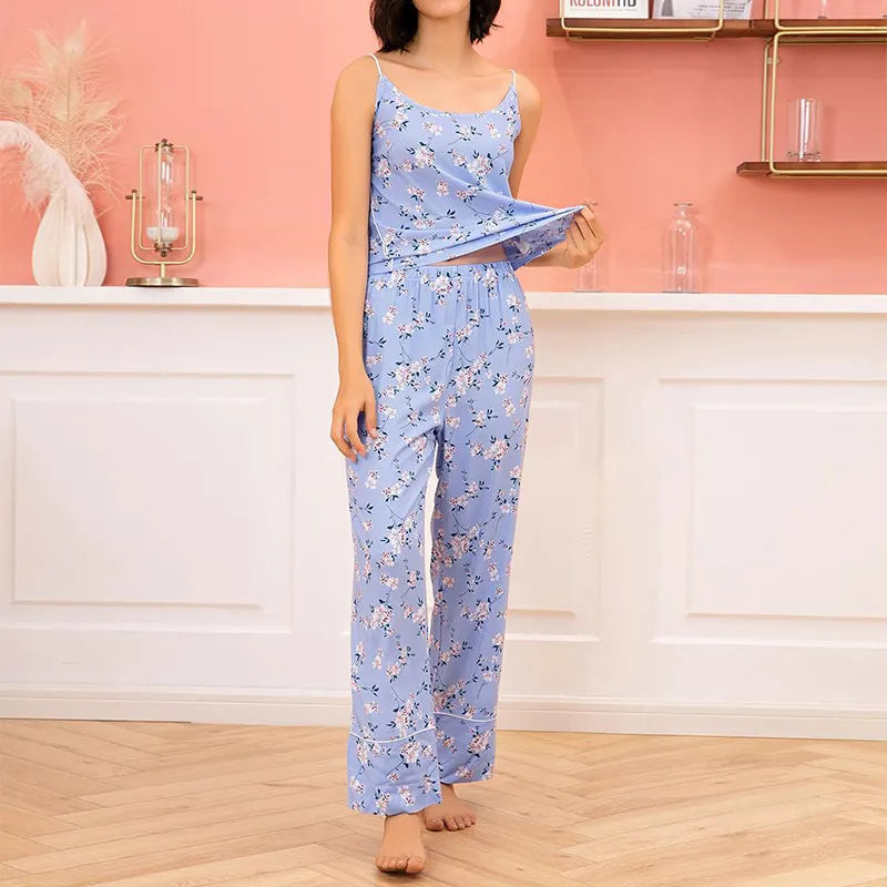Ladies Summer Floral Cami Pajama Set Elastic Waist Cropped Pants Soft Home Lounge Outfit