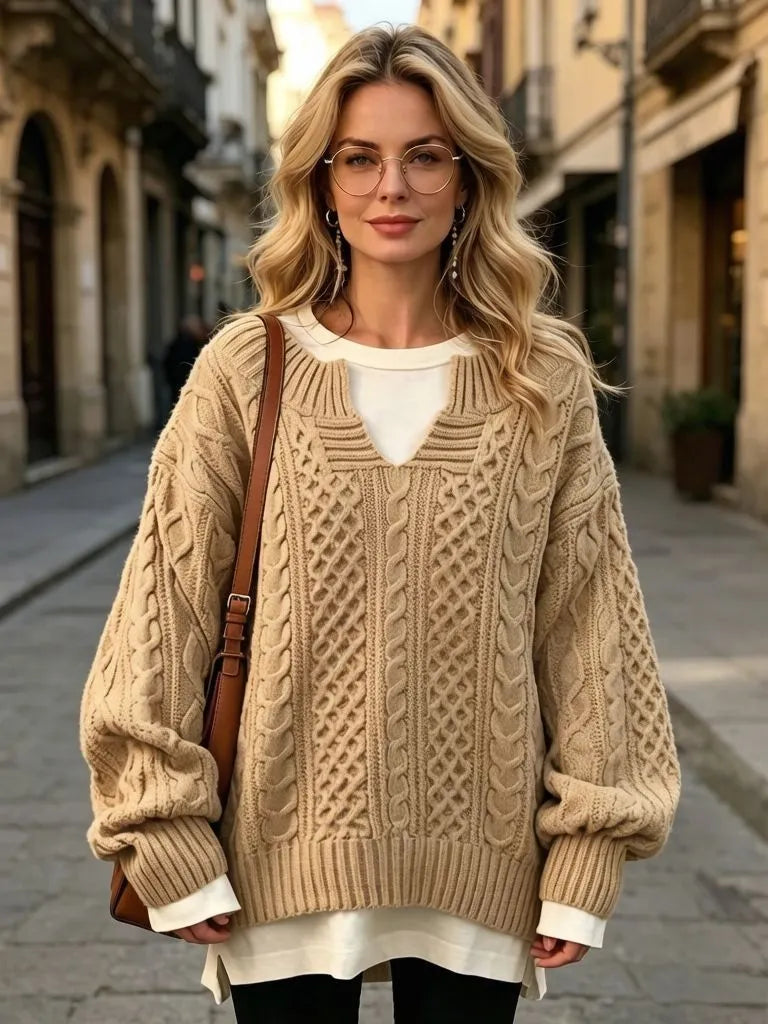 Textured Cable Knit Sweater, Notched V Neck Casual Warm Oversized Pullover