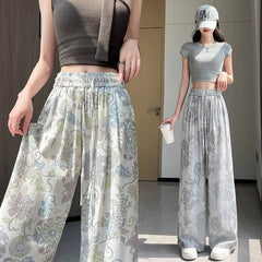 Vintage Floral Print Drawstring High Waist Micro Stretch Wide Leg Long Pants