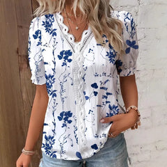 Floral Print Lace V-Neck Short Sleeve Casual Blouse