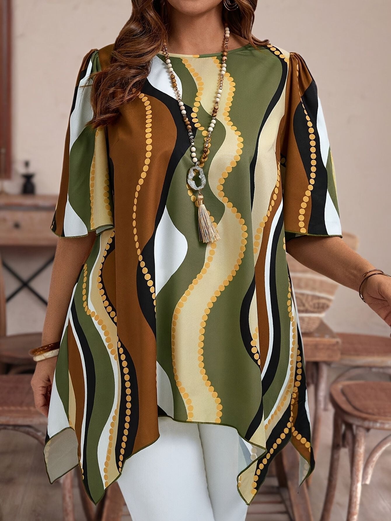 Round Neck Mid-Sleeve Abstract Wave Print Irregular Hanky Hem Loose Plus Size Tunic Top