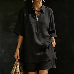 White Half-Zip Shirt & Shorts Linen Set