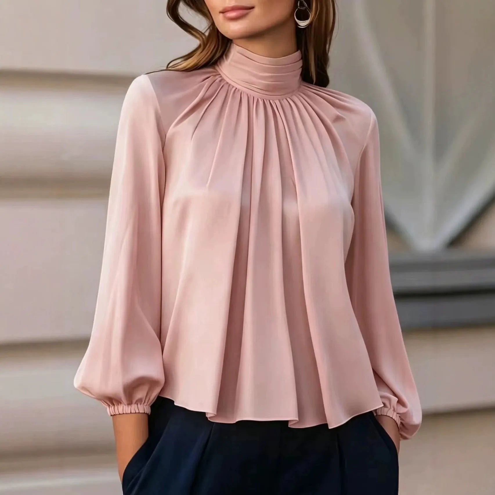 Mock Neck Pleated Chiffon Blouse Long Puff Sleeve Elegant Loose Work Shirt
