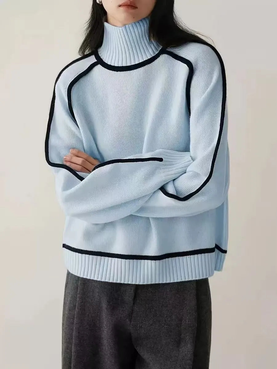 Contrast Trim High Neck Loose Pullover Sweater