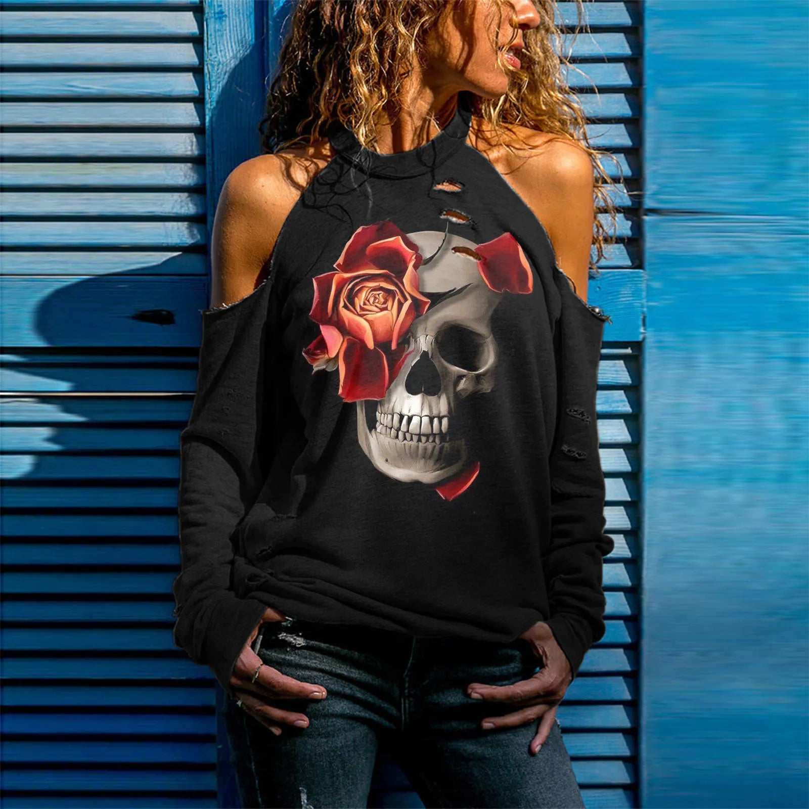 Halloween Skull Print Cold Shoulder Distressed Sweatshirt
