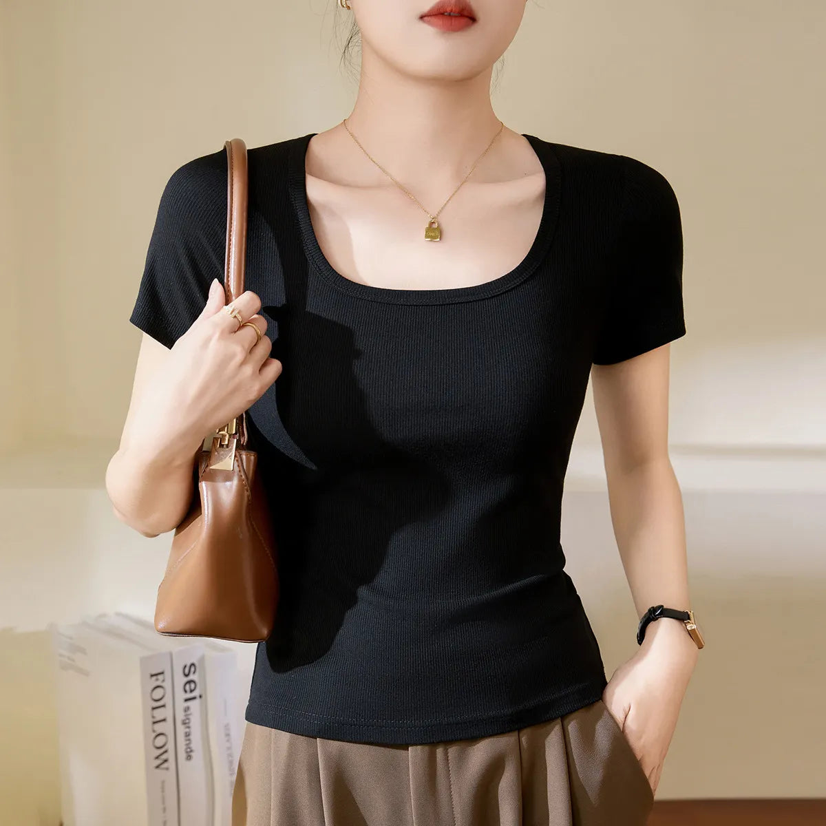 Square Neck Ribbed Short Sleeve T-Shirt,