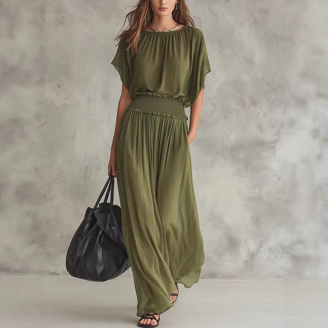 Army Green Batwing-Sleeve Smocked Waist Maxi Dress
