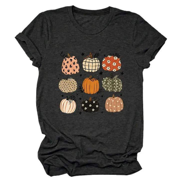 Leopard Floral Plaid Pumpkin Casual Short Sleeve Tee