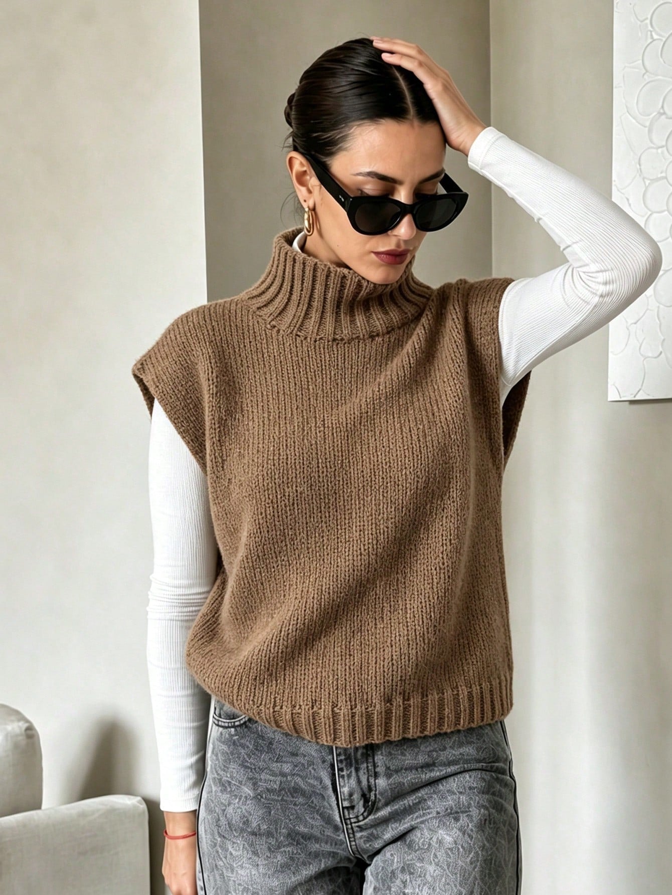 Coffee Brown High Neck Knit Sweater Vest