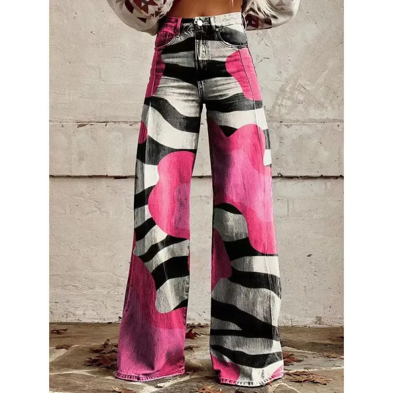 High Waist Western Cowboy Horse Print Wide Leg Pants