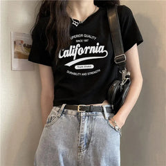 Round Neck California Letter Print Slim Fit Crop Short Sleeve T-Shirt