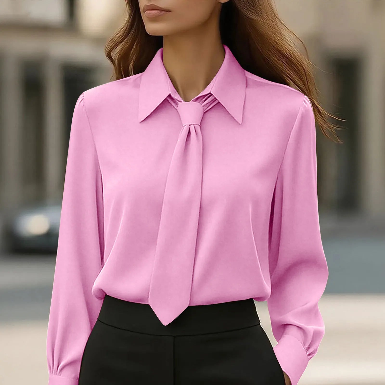 Lapel Tie Neck Solid Soft Satin Long Sleeve Commuter Blouse