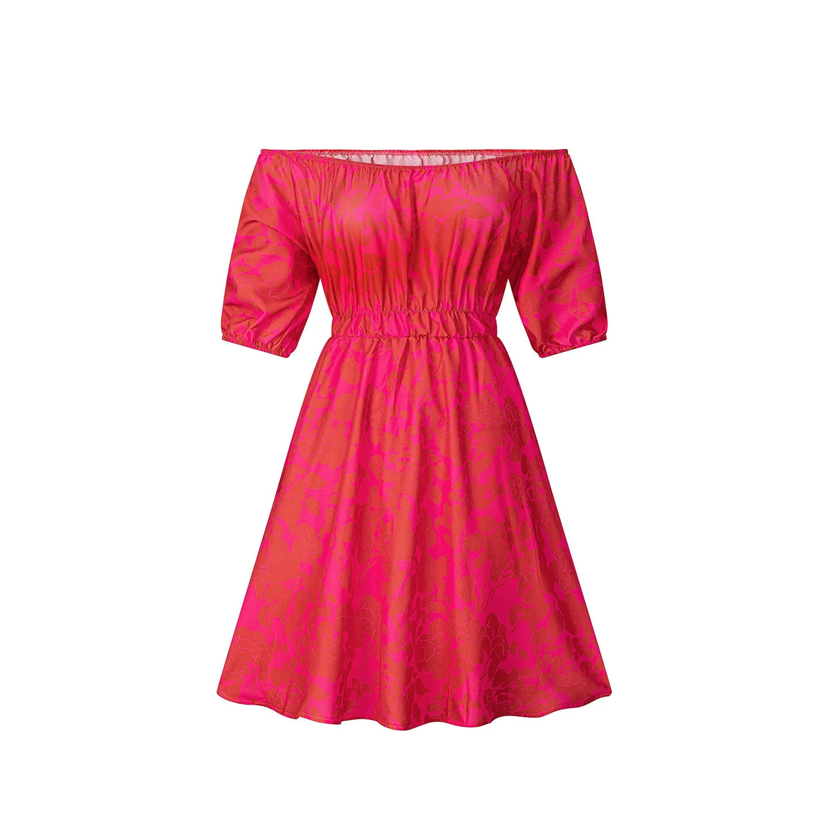 Floral Print Off Shoulder High Waist Swing Dress Short Sleeve Elegant Casual Midi Dress