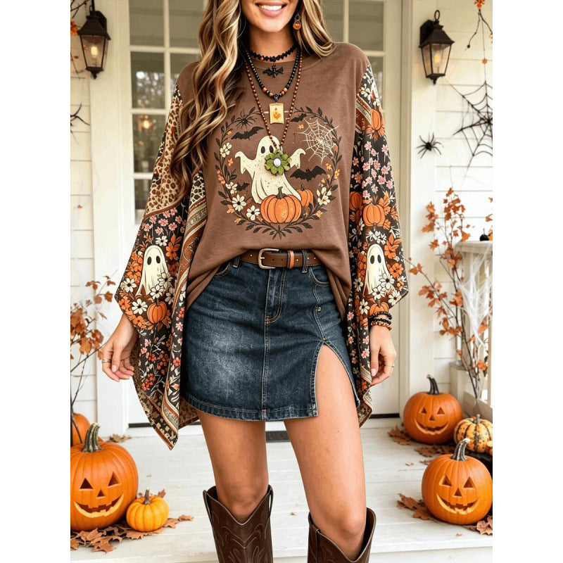 Retro Autumn Halloween Top, Crew Neck Ghost & Pumpkin Print Mixed Pattern Bell Long Sleeve Shirt