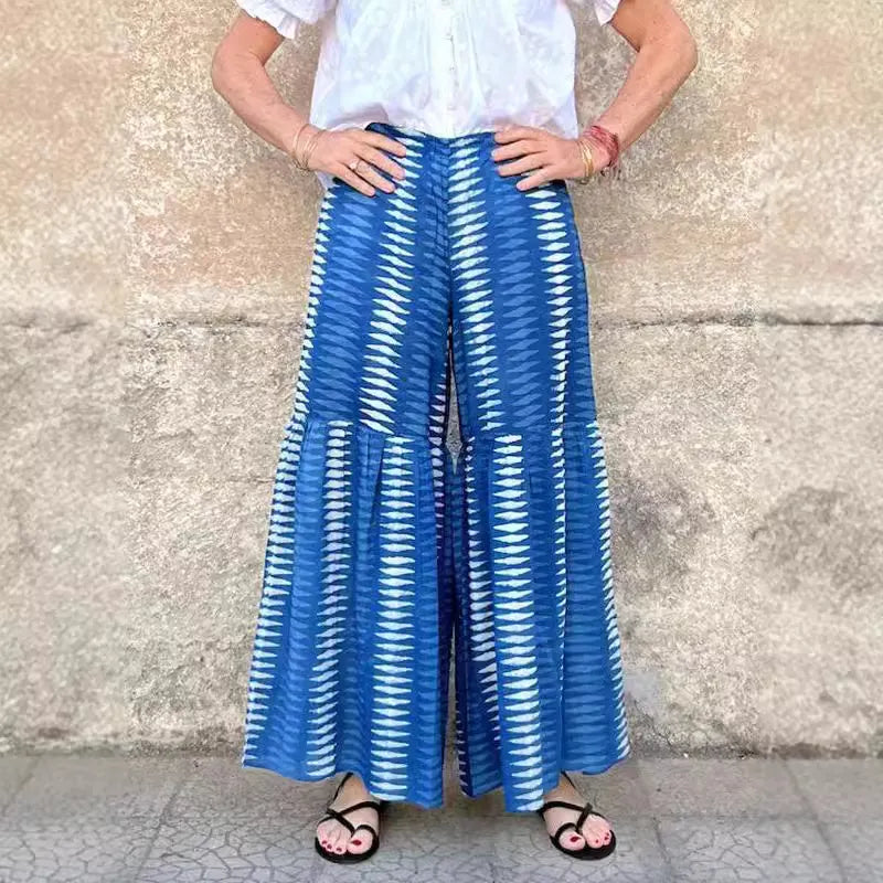 Striped Print High Waist Polyester Flared Wide Leg Long Casual Pants