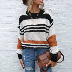 Color Block Striped Crew Neck Sweater Oversized Long Sleeve Knit Pullover
