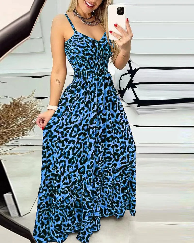 Leopard Print Smocked Waist Maxi Dress