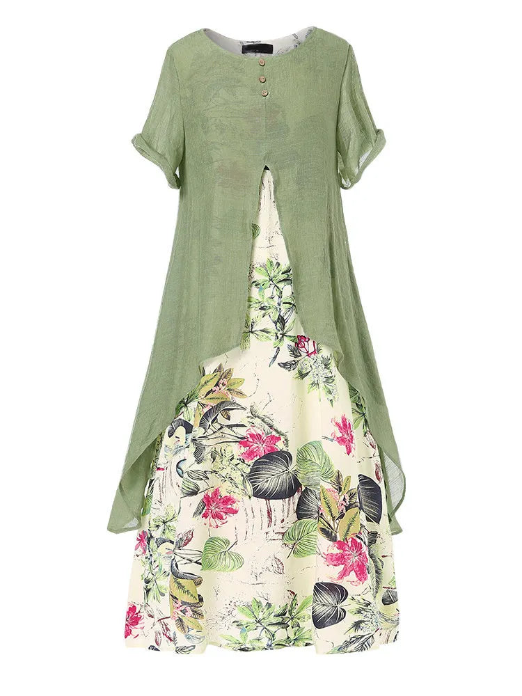 Fake Two-Piece Printed Linen Midi Dress