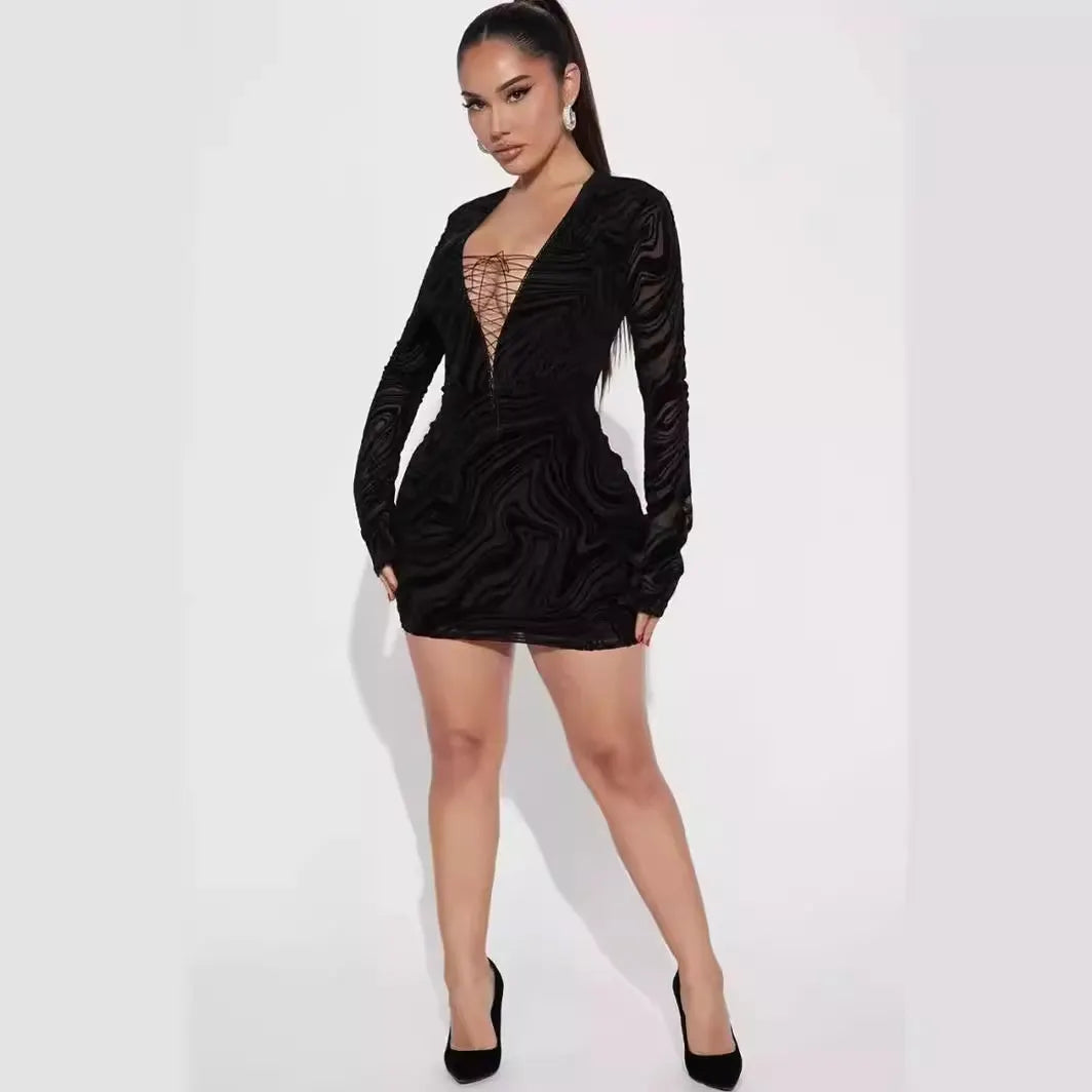 Wave Print Mesh Long Sleeve Deep V Lace Up Bodycon Mini Dress