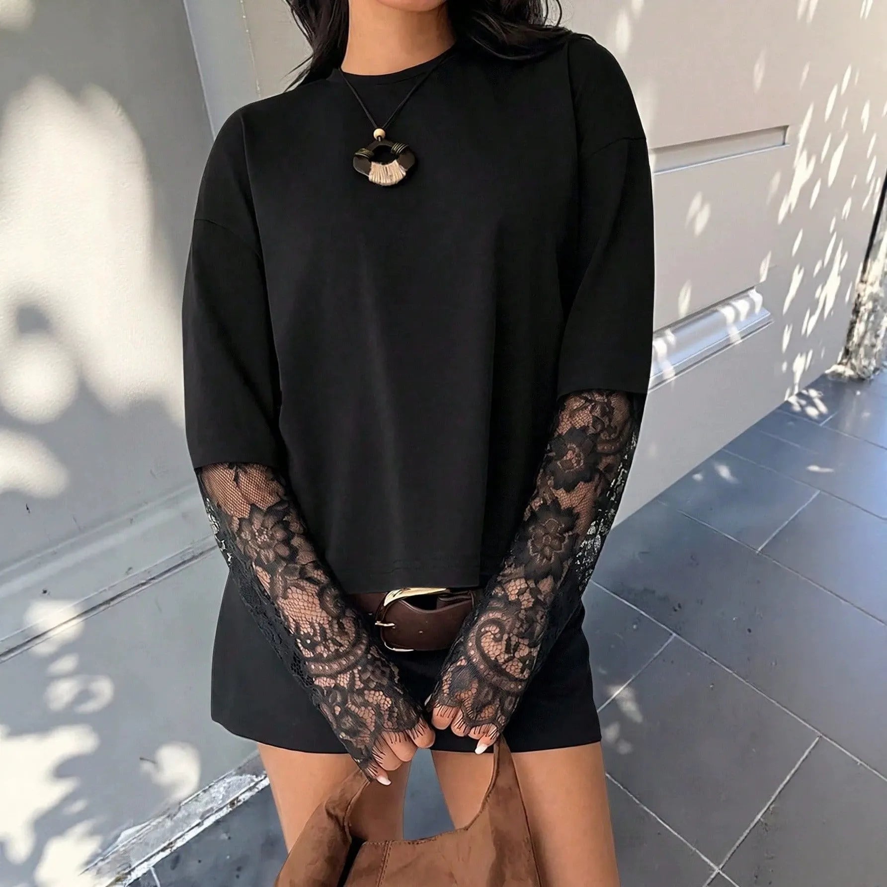 Black Long Sleeve Top With Floral Lace Sleeves & Open Lace Back | Split Back Contrast Lace Blouse