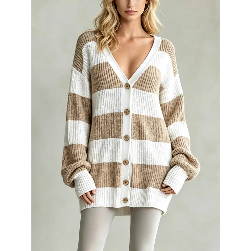 Navy White Wide Stripe Oversized Knit Cardigan V Neck Button Front Long Sleeve Loose Sweater Coat