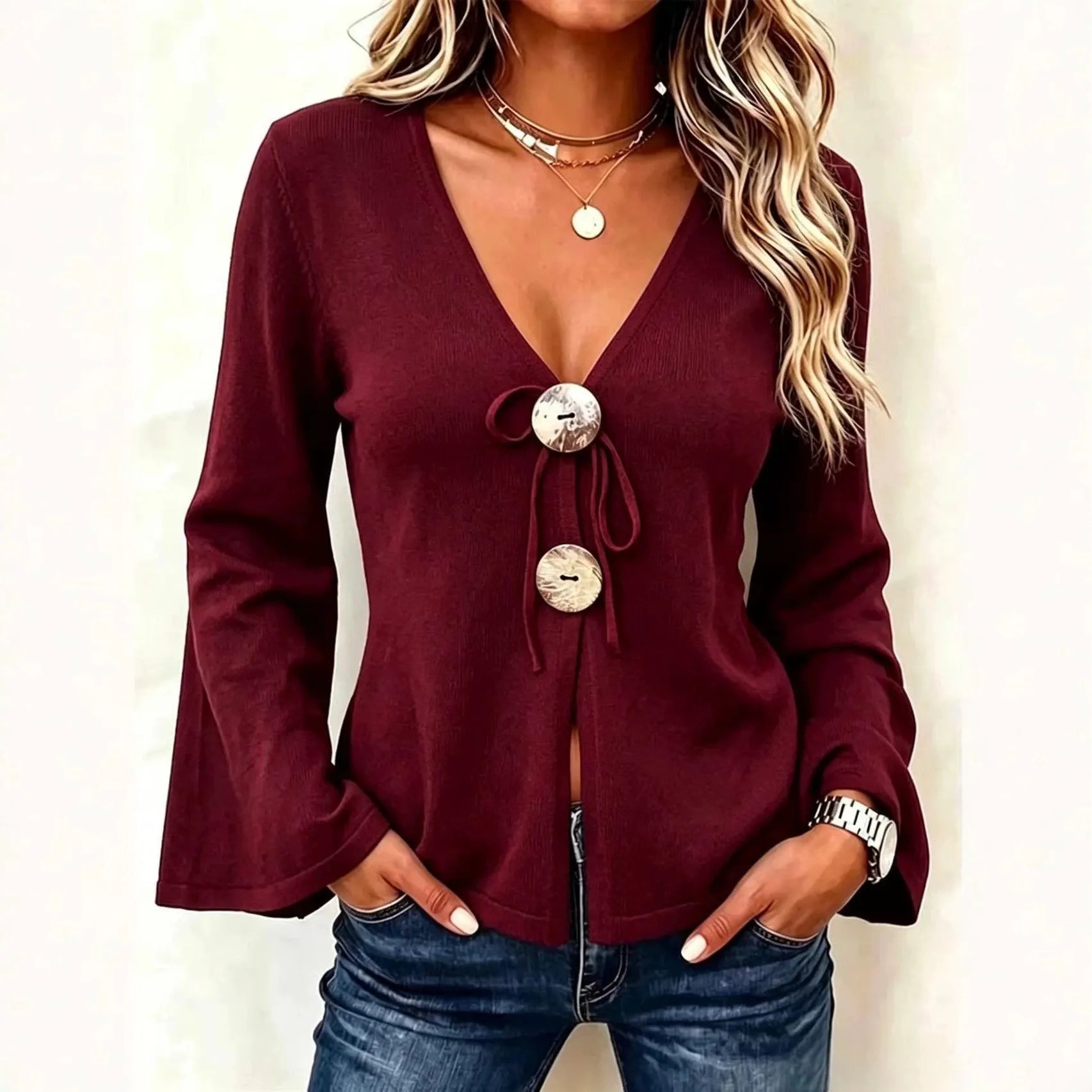 V-Neck Knit Cardigan, Large Button Tie Front Flare Long Sleeve Sweater Top