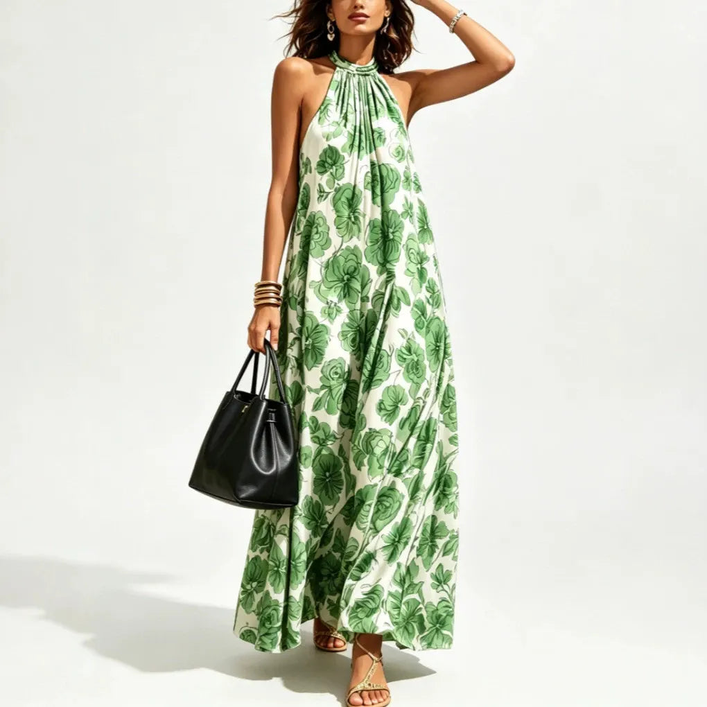 Halter Neck All Over Floral Print Loose Mid Waist Maxi Vacation Dress
