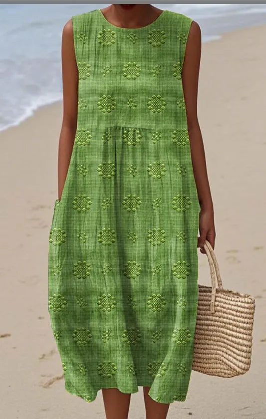 Round Neck Sleeveless 3D Floral Print Loose A-Line Midi Dress
