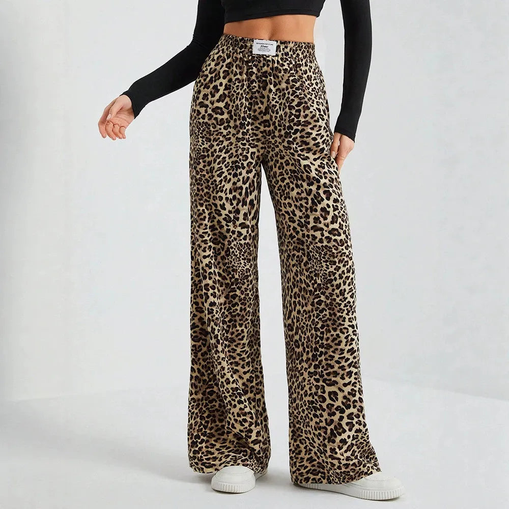 High Waist Leopard Print Straight Wide Leg Pants