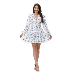 Sweet Floral V-Neck Bubble Sleeve A-Line Mini Dress Loose Waist Lightweight Campus Daily Dress