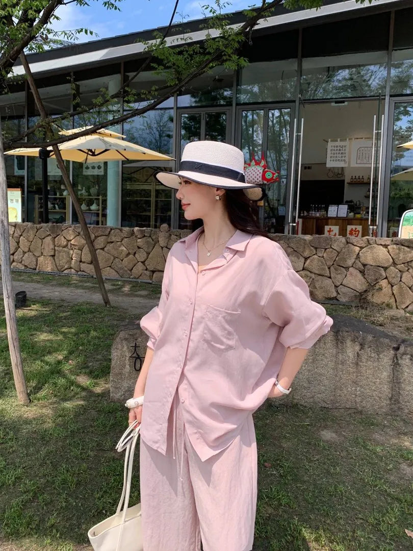 Oversized Long Sleeve Shirt Drawstring Shorts / Pants 2 Piece Casual Suit