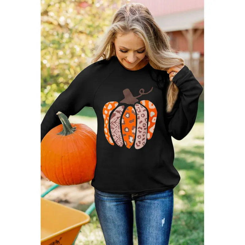 Halloween Leopard Pumpkin Print Crew Neck Sweatshirt